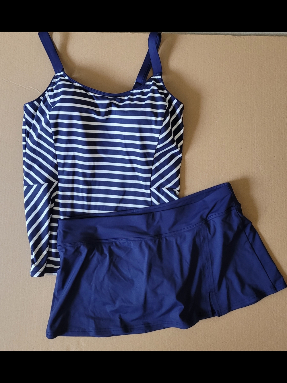 Lands' End Navy & White Striped Tankini with Navy Skirt
